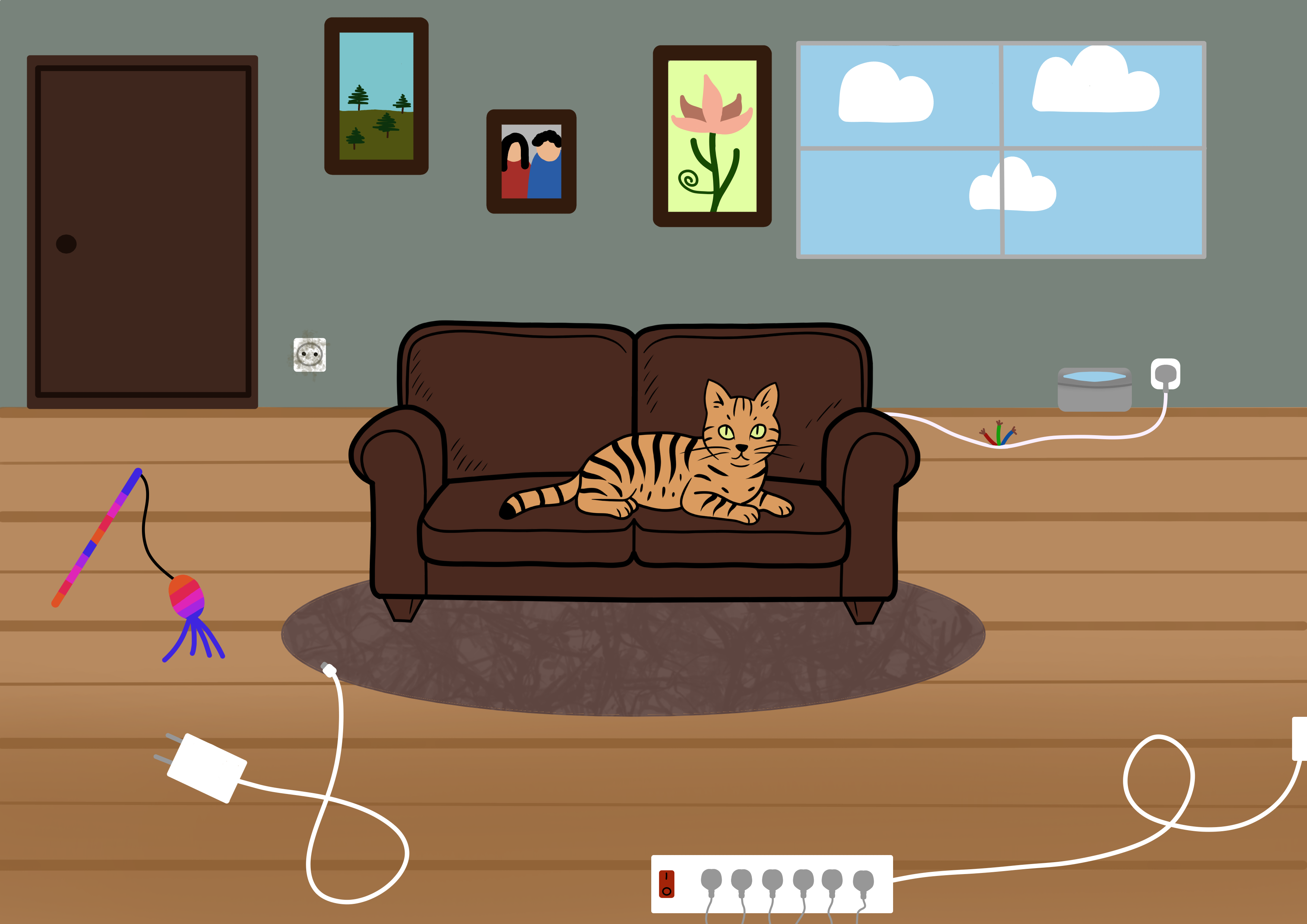 Illustration d'un salon avec objets et sources de danger